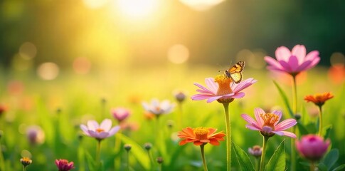 Fototapeta premium A tranquil scene of blooming wildflowers in a sun-drenched meadow, suggesting natural allergy relief and the beauty of nature's remedies , serene, green