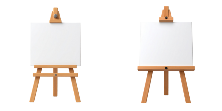 3D Plastic Style Easel Featuring Wooden Frame With White Canvas Against Transparent Background