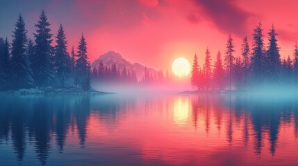 Winter sunset over a tranquil lake, vibrant colors.  Misty forest and mountains in the background