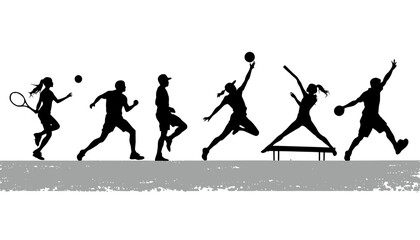 A dynamic sequence of black athletic silhouettes engaged in various sports activities, including tennis, running, and jumping, presented as a versatile vector graphic.