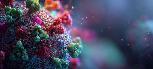 The vibrant visualization of the coronavirus in detailed microscopic view.