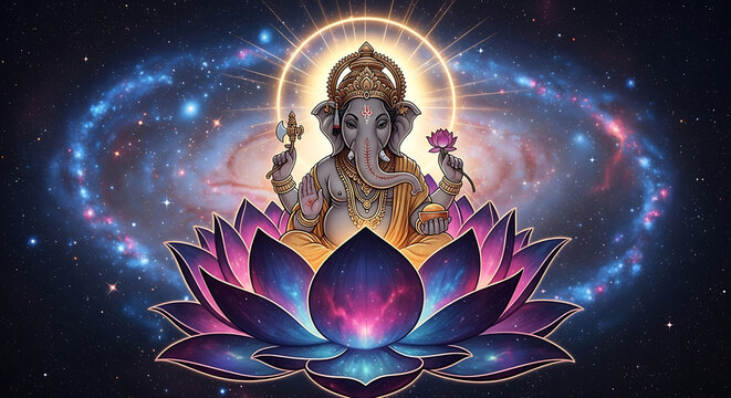 Ganesha on Lotus Flower with Galaxy Background Hindu God of Beginnings.