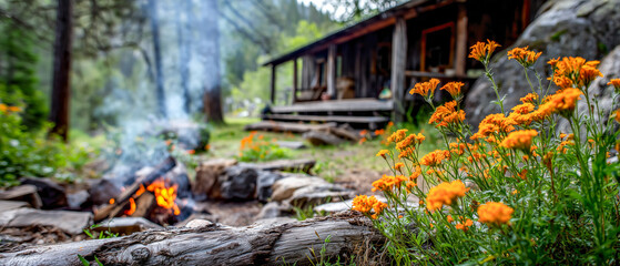 Idyllic Cabin Scene: Campfire glows amidst orange wildflowers, nestled near a rustic cabin in a serene, forested mountain setting.
