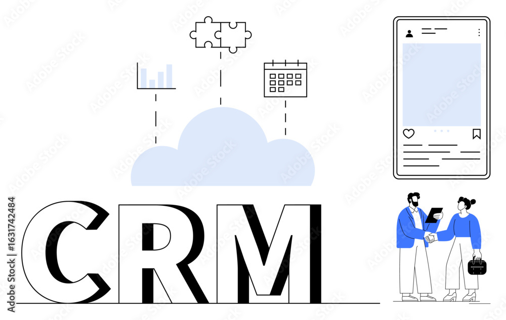 Poster crm text with cloud connecting analytics, puzzle piece integration, and schedule icons. two people e