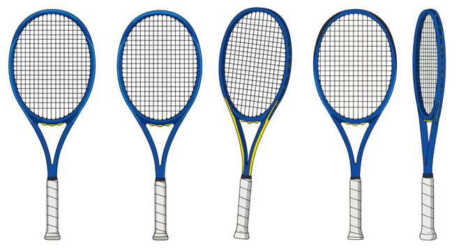 A set of blue tennis rackets, rendered in vector format, showcasing different angles and perspectives, perfect for sports-related design elements or illustrations.
