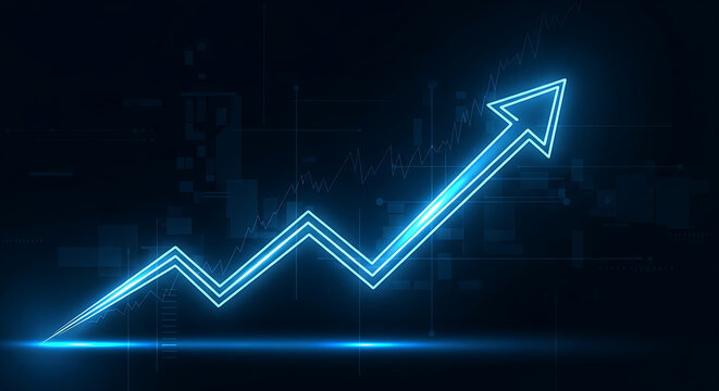 A bright blue neon arrow chart illustrates increasing progress and success on a dark digital background.