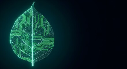 Poster Design: Green technology and sustainable innovation concept, a glowing leaf with circuit board pattern on dark background, ESG, eco friendly energy.