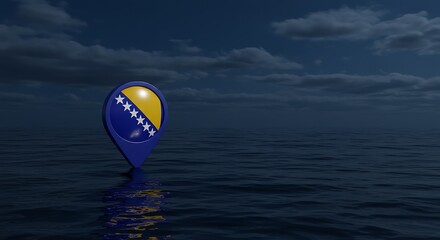 Bosnian flag pin marks location over serene ocean under starry night sky