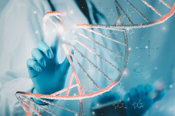 CRISPR gene editing technology depicted as gloved doctor’s hand interacts with glowing DNA...