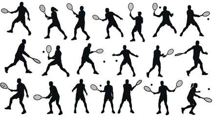 A dynamic vector illustration showcasing a tennis player in various action poses, complete with a tennis ball, rendered in a clean, modern style for sports enthusiasts.