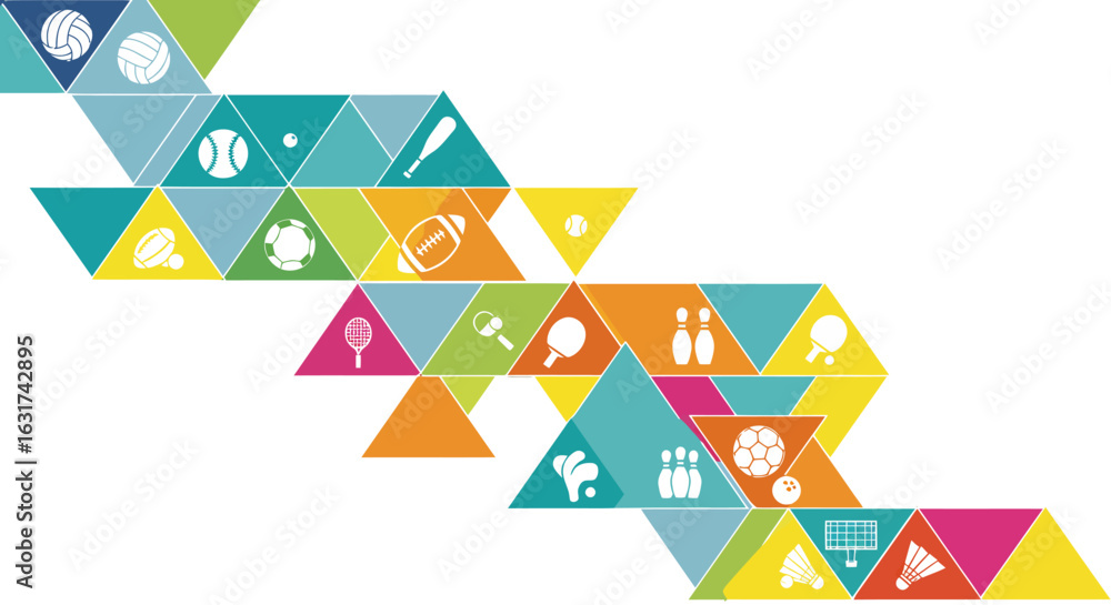 Poster a vibrant abstract vector pattern features various sports equipment icons arranged within colorful g