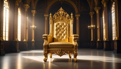 Ornate gold throne in a grand, sunlit hall