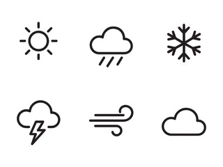 Stylized Black Line Weather Icons — Sun, Cloud, Rain, Snowflake, Thunderbolt, Wind Swirl, Rainbow on White Background