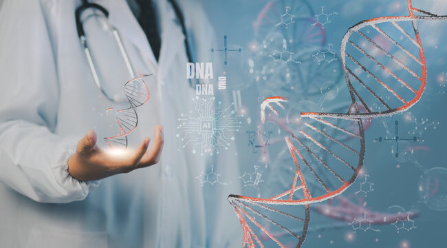 CRISPR gene-editing innovation visualized as a doctor holds a glowing DNA strand with molecular graphics, symbolizing precision biotech, genome modification, and AI-driven medical breakthroughs. - Powered by Adobe