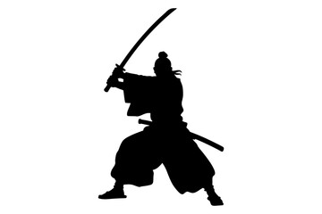 Silhouette of a samurai warrior wielding a katana sword in a dynamic fighting stance against white background