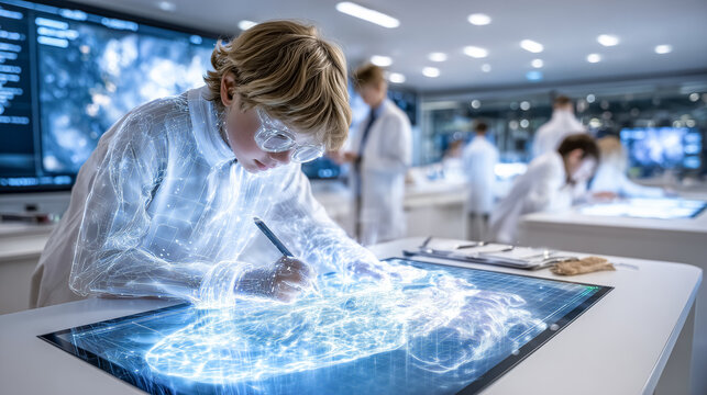A young scientist in a futuristic lab studies a glowing brain model.