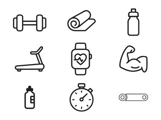 Black Line Art Icons of Fitness Gear — Dumbbell, Yoga Mat, Water Bottle, Treadmill, Smartwatch, Biceps, Stopwatch on White Background