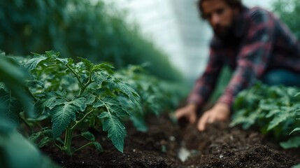 A farmer inspecting tomato plants in a greenhouse long title A farmer carefully examines and tends to the thriving tomato plants growing in the