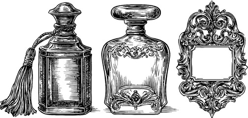 Vintage luxury perfume bottle and ornate label illustration set for design