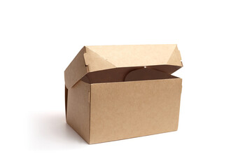 Open cardboard box with flaps raised, showcasing empty interior space, ideal for packaging, storage, or shipping purposes, emphasizing versatility and functionality in design