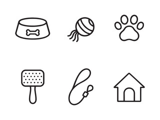 Minimalist Black Line Art Icons of Pet Items — Dog Bowl, Cat Toy, Paw Print, Grooming Brush, Leash, Pet House on White Background