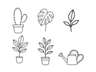 Black Line Art of Cactus, Monstera, Potted Trees, Leaves, Sprout, and Watering Can on White Background