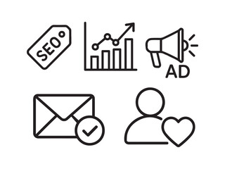 Modern Black Line Icons for Digital Marketing — SEO Tag, Analytics Chart, Megaphone, Email Marketing, User Engagement on White Background