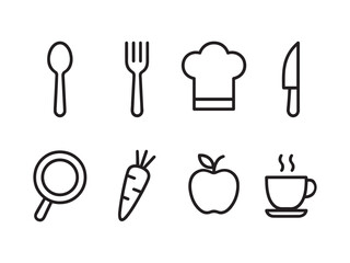 Black Line Icons of Kitchen and Food Items — Spoon, Fork, Chef Hat, Knife, Frying Pan, Carrot, Apple, Coffee Cup on White Background