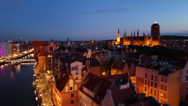 Old town night evening lighting city center view from above flyover Gdansk Poland