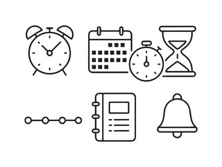 Black Line Icons of Time Tools — Alarm Clock, Calendar, Stopwatch, Hourglass, Timeline, Planner, Reminder Bell on White Background