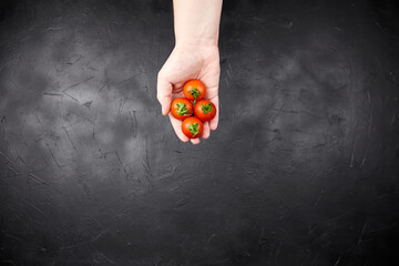 Hand holding fresh cherry tomatoes against a dark textured background, showcasing vibrant colors...