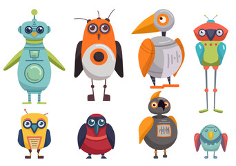 Vector set of cute cartoon robot birds. Collection of colorful bird clip art automatons. Future pets. Images for stickers, games and icons