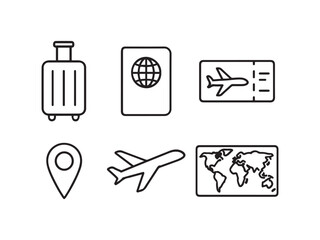 Black Line Icons of Travel Items — Suitcase, Passport, Boarding Pass, Location Pin, Airplane, Hotel, World Map in Minimalist Style on White Background
