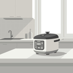 Modern kitchen interior featuring a multi-cooker on the counter with natural light