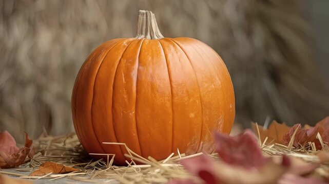 Ripe orange pumpkin nestling amid dry leaves on straw, rustic hay bale background capturing seasonal harvest warmth