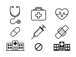 Professional Black Line Art Icons of Health Items — Stethoscope, First Aid Kit, Heart Rate, Syringe, Capsule, Bandage, Hospital Building