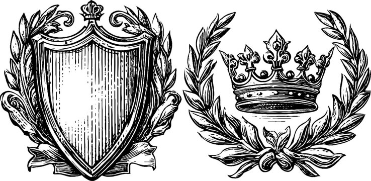 Vintage engraved illustration set of shield emblem and crown laurel design