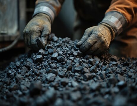 Gloved hands of miner carefully inspect heap of dark coal chunks. Focus on labor in mining industry, energy production, and heavy resource extraction.
