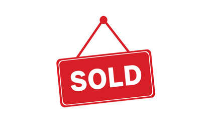 Bright red rectangular hanging sign with the word sold in bold white letters against a clean white background