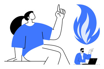 Confident woman raising hand, symbolic flame, business professional at laptop working. Ideal for business, creativity, leadership, innovation, motivation teamwork personal growth. Simple flat