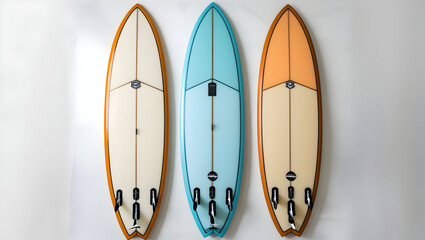 Sport Equipment Clean top-down photo of three waxed surfboards in pastel blue orange and beige lined up side-by-side on white seamless background (6)
