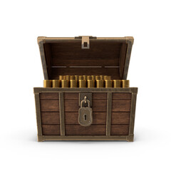 Wooden Treasure Chest with Stacked Gold Coins isolated on transparent background