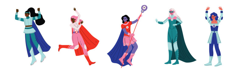 Strong Girl in Heroine Costume with Cloak Vector Set