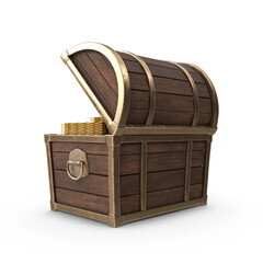 Wooden Treasure Chest with Stacked Gold Coins isolated on transparent background