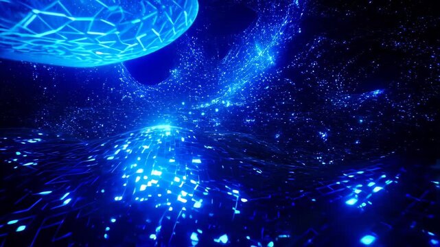 Glowing azure wormhole carrying futuristic spacecraft across swirling interdimensional gateway, penetrating mysterious cosmic boundaries with brilliant energy