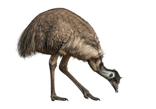 An emu bends down to forage on a transparent background, its distinctive plumage and long legs clearly visible, a unique specimen of australian fauna - Powered by Adobe