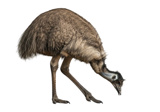 An emu bends down to forage on a transparent background, its distinctive plumage and long legs clearly visible, a unique specimen of australian fauna