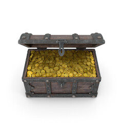 Old Wooden Treasure Chest Full of Gold Coins isolated on transparent background