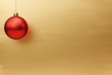 Elegant Christmas background featuring a single, vibrant red matte ornament hanging against a luxurious, textured gold surface with ample copy space for personalized messages
