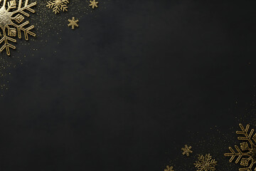 Elegant Christmas and New Year background featuring luxurious golden snowflake ornaments and subtle glitter accents on a deep matte black surface with ample central copy space